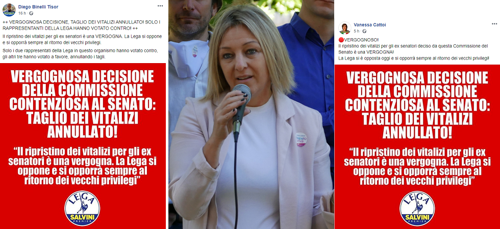 Taglio dei vitalizi: la Lega si straccia le vesti ma a votare contro è stata Forza Italia